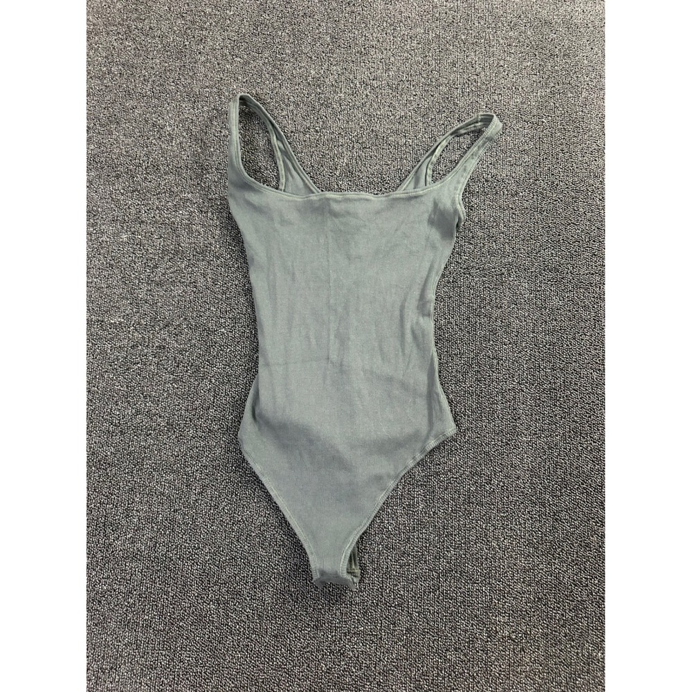 Skims Cotton Rib Bodysuit Dark Green Scoop Neck Sleeveless Ribbed Size M